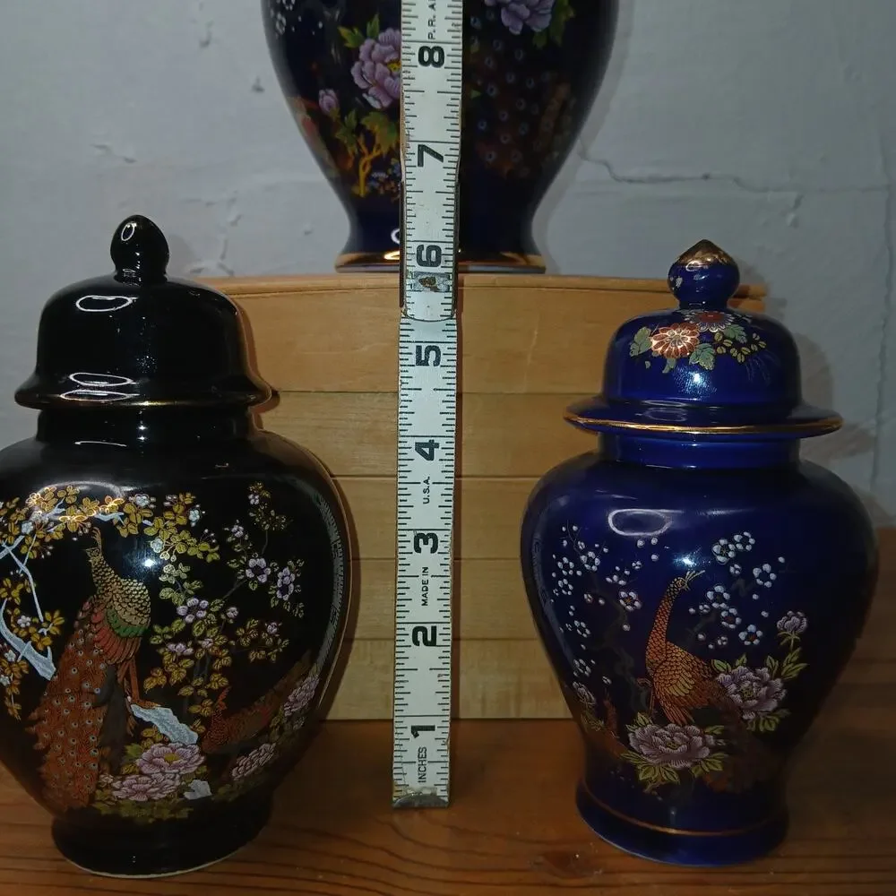 3 Cobalt Blue Vase Ginger Jar with Lid Floral Peacock Asian Decor Accent #54